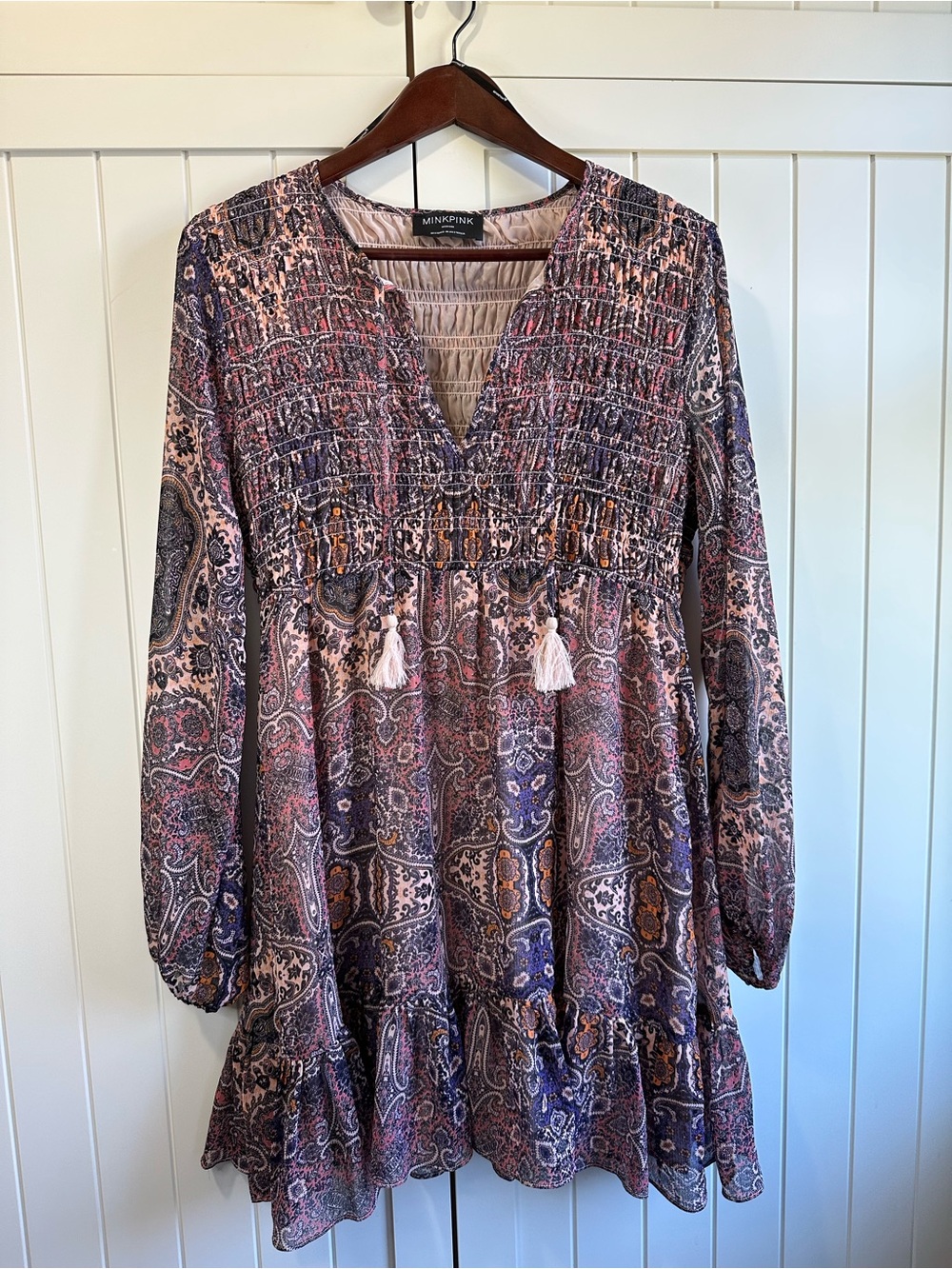 Minkpink Hosseini Shirred Smock Dress in Purple size M
